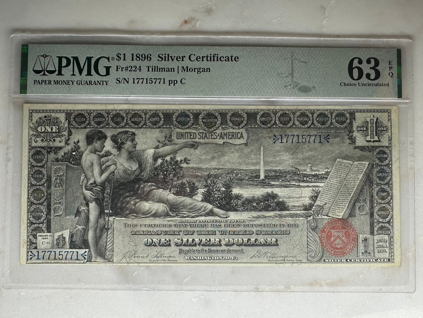 1896 US $1 Silver Certificate Educational Note MS63 EPQ Choice UNC FR 224