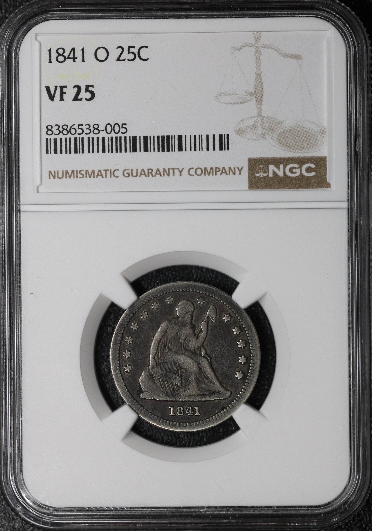 1841 O Seated Liberty 25C VF25 NGC