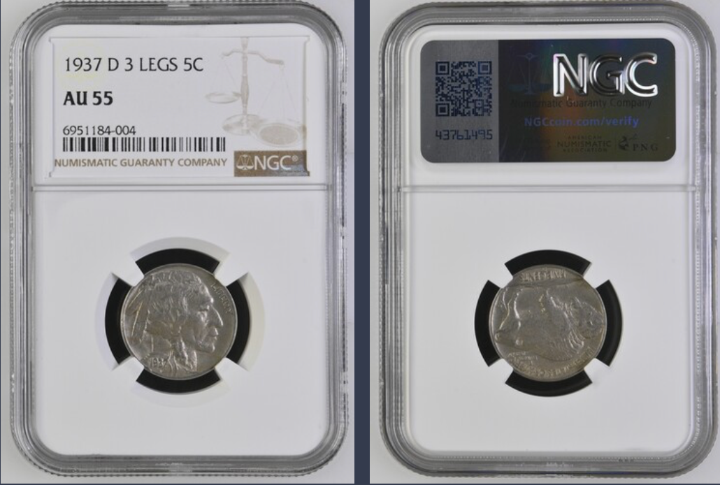 1937 D 3 Legged Buffalo Nickel CAC AU55