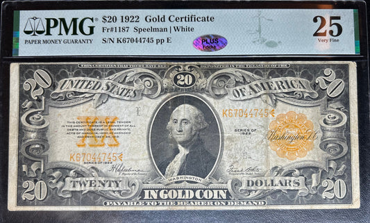 1922 $20 Gold Certificate Fr#1187 PMG 25 Very Fine Plus Fricke