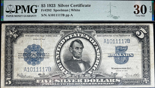 1923 $5 Silver Certificate Fr#282 PMG 30 Very Fine