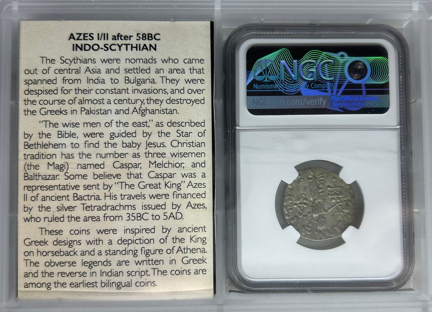 Indo-Scythians Azes I/II, after c.58 BC AR Tetradachm NGC VF  Gift of the Magi "Money of the Bible"