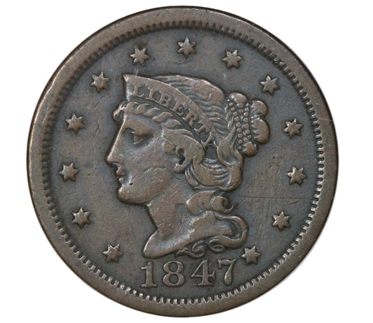 1847 Large Cent, ANACS VF 30 Details, Scratched-Tooled