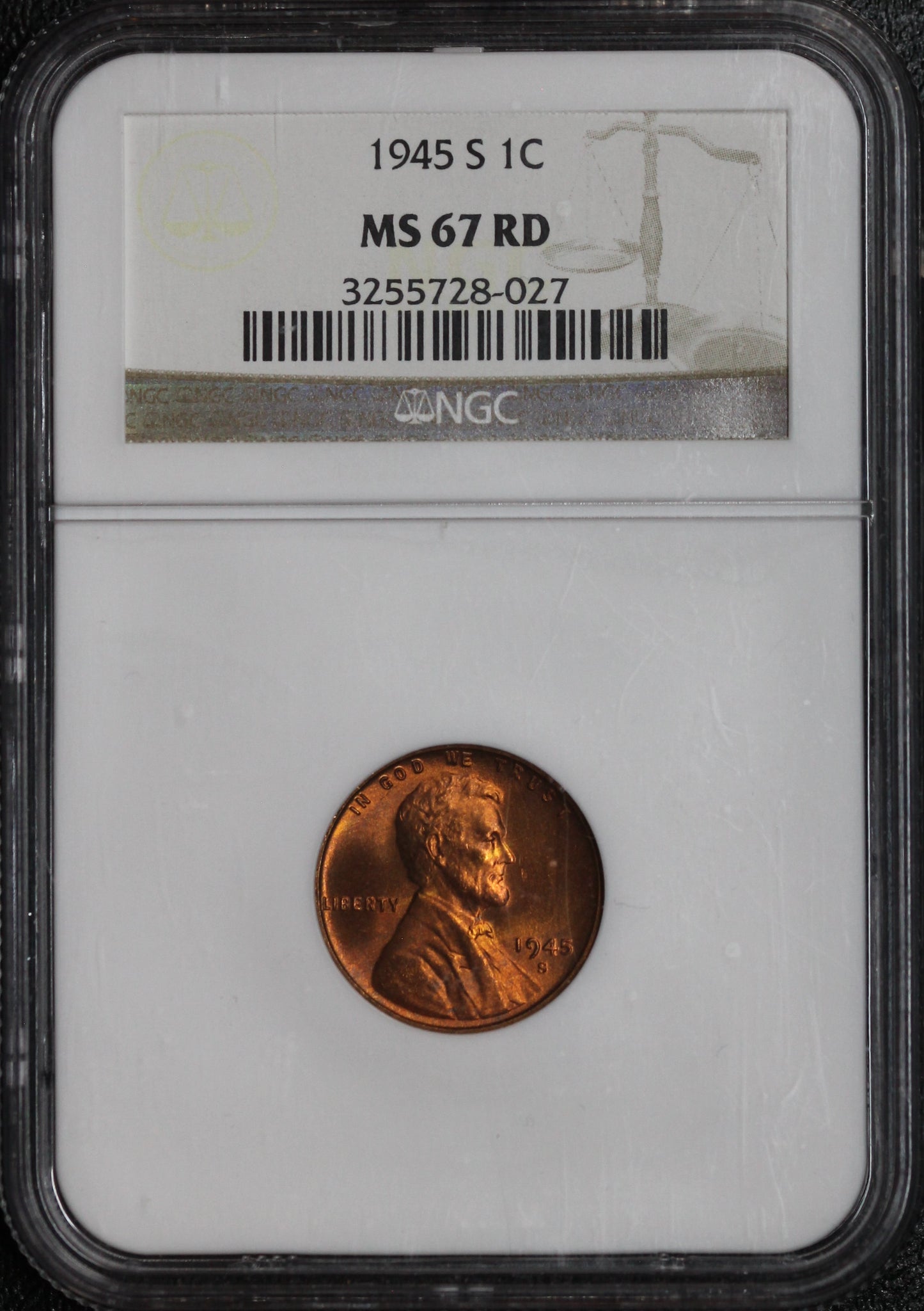 1945-S Lincoln Wheat Cent NGC MS67 RD