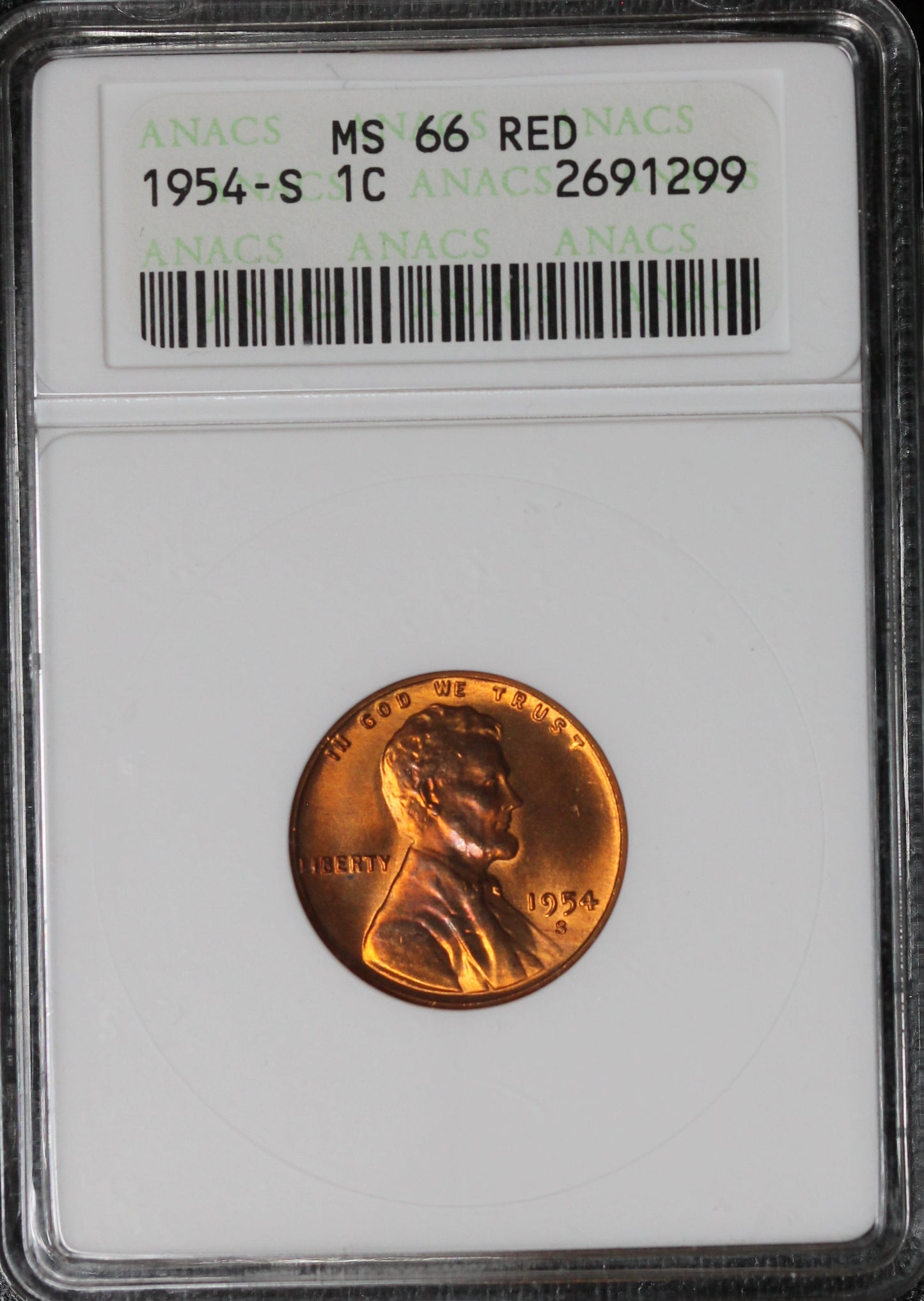 1954-S Lincoln Wheat Cent, ANACS MS66RD