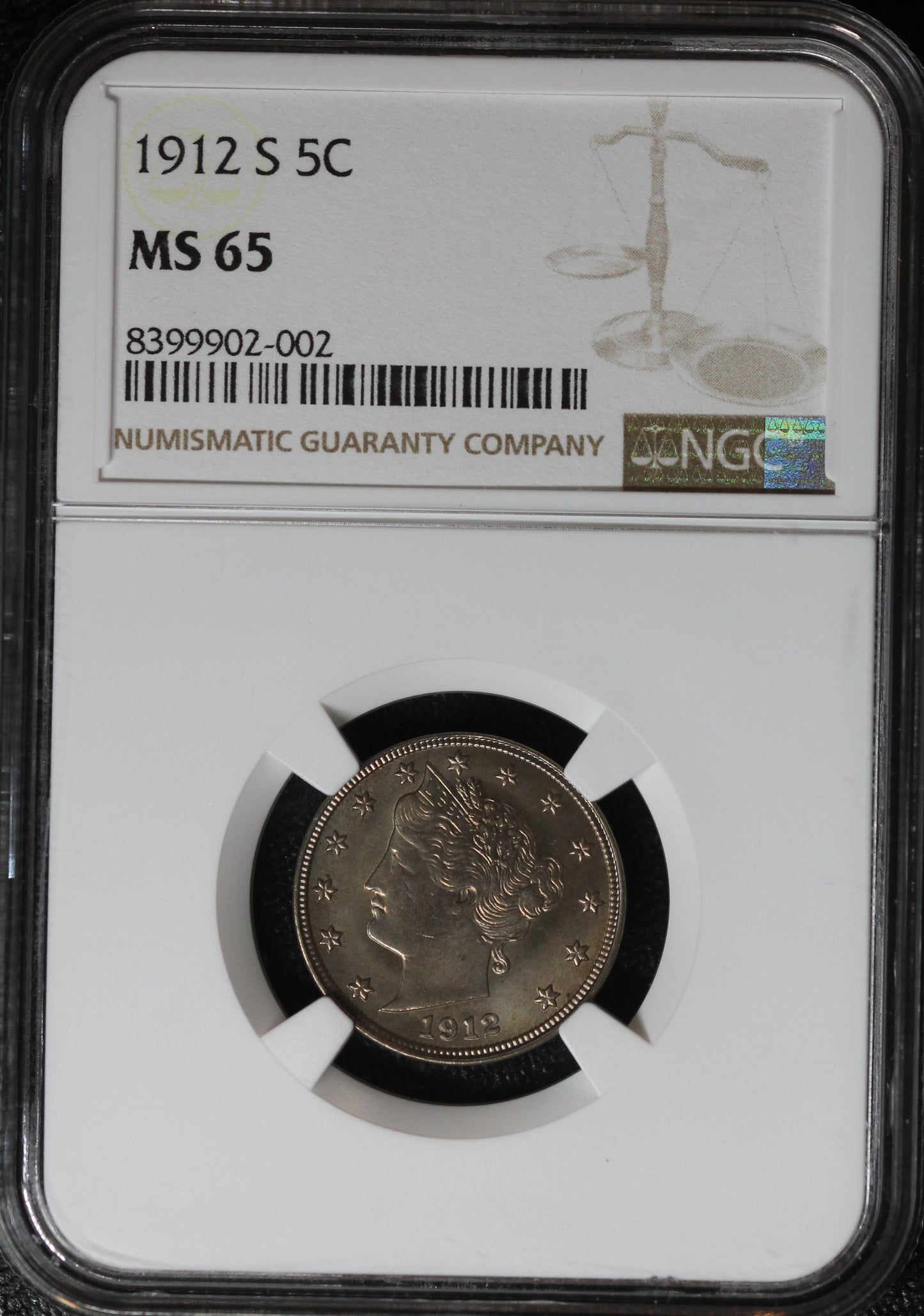 1912-S V Nickel, NGC MS65