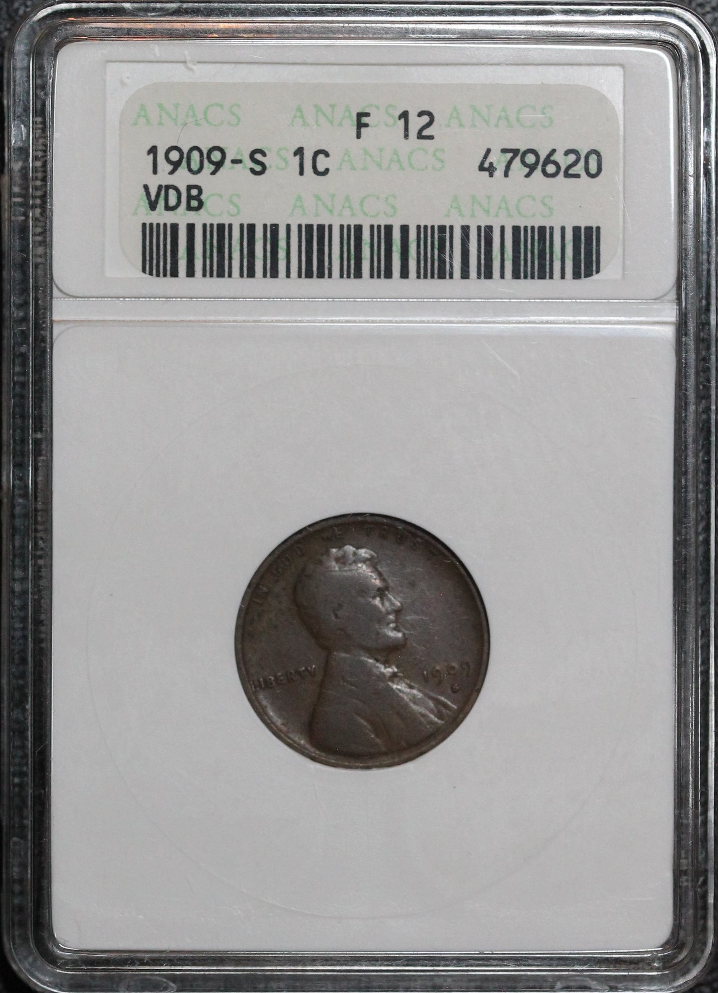 1909-S VDB Lincoln Wheat Cent, ANACS F12