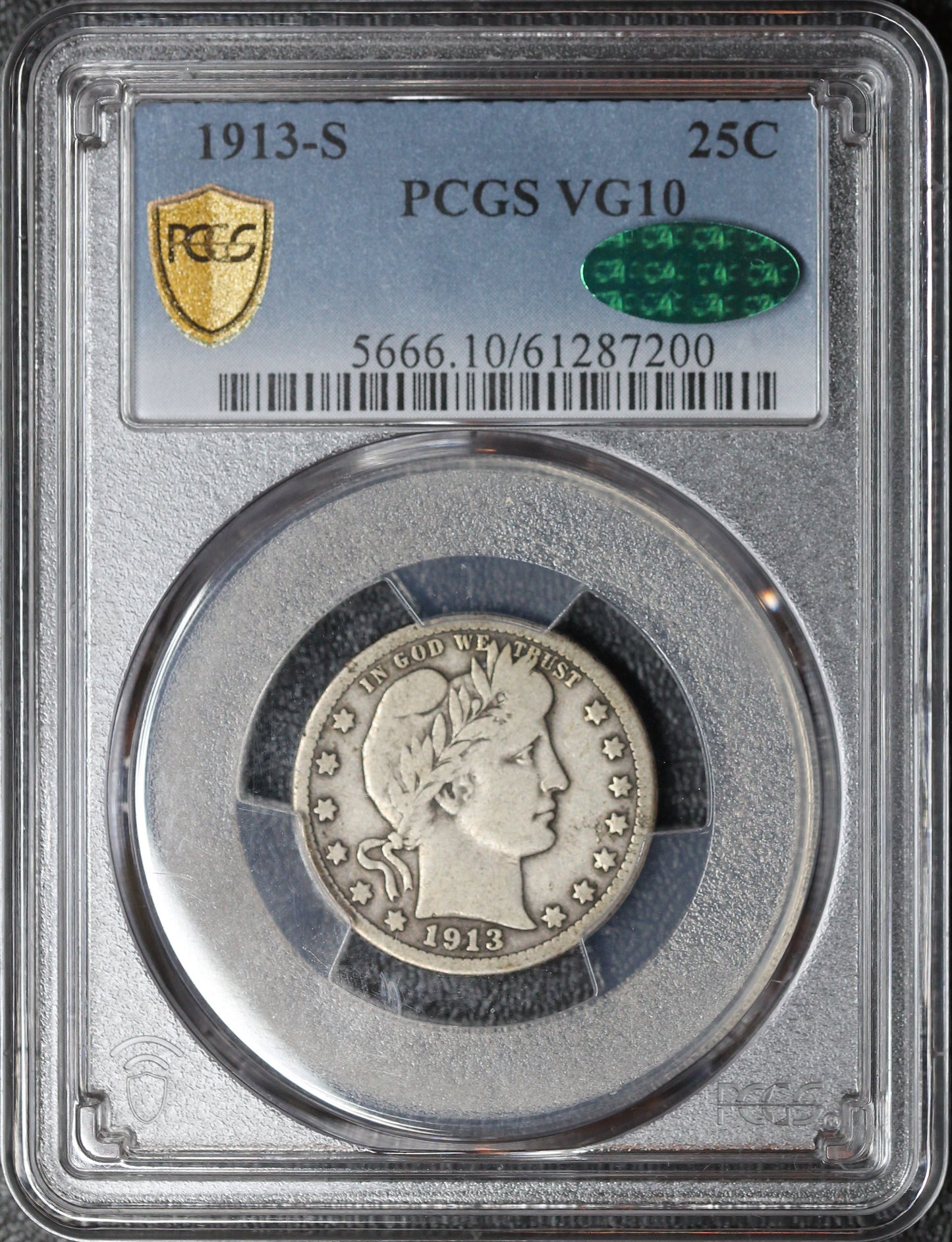 1913-S Barber Quarter, PCGS VG10 CAC, Key Date