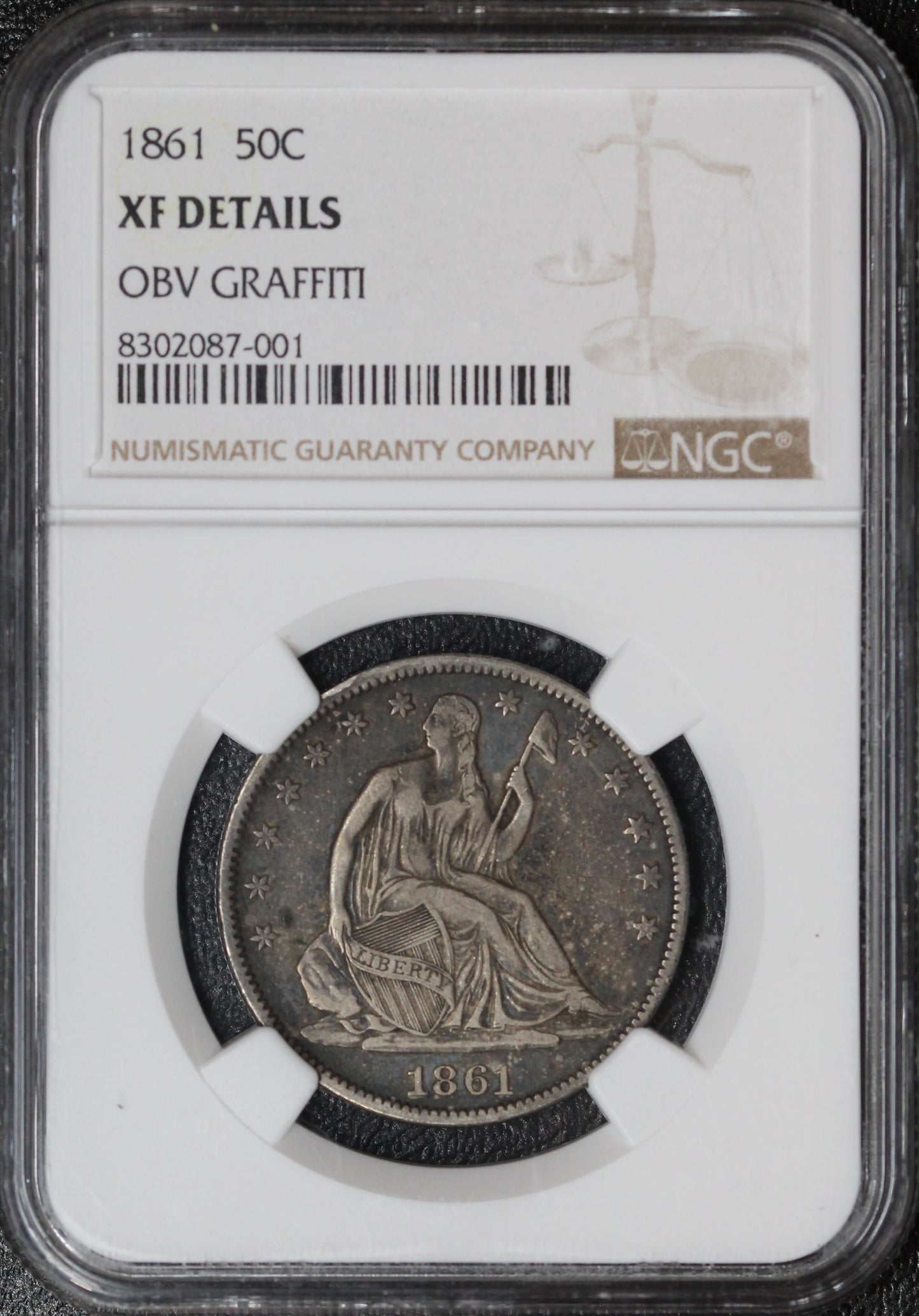 1861 Liberty Seated Half, NGC XF Details, OBV Graffiti