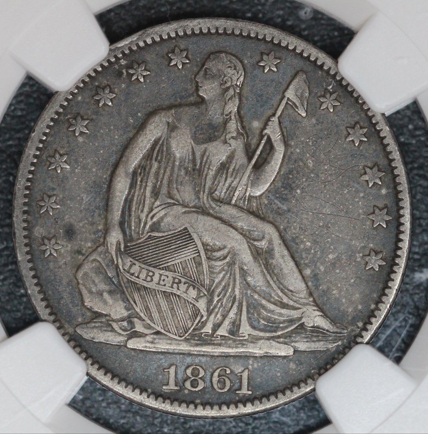 1861 Liberty Seated Half, NGC XF Details, OBV Graffiti